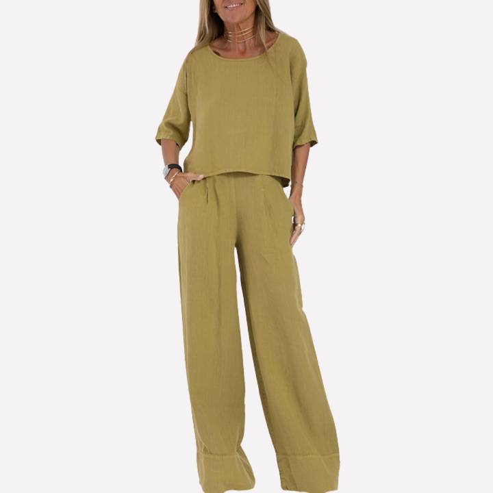 Dames tweedelige set, relaxte fit zomeroutfit. Damestop en wijde pijpen broek, comfortabel en ademend voor casual en loungewear.