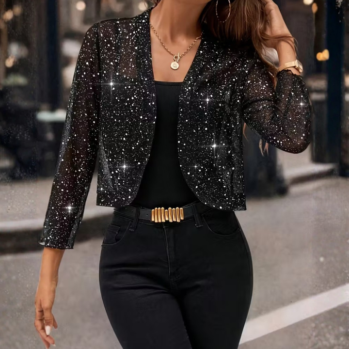 Dames cardigan met lange mouwen, voorzien van glinsterende pailletten voor een sprankelende en feestelijke uitstraling.