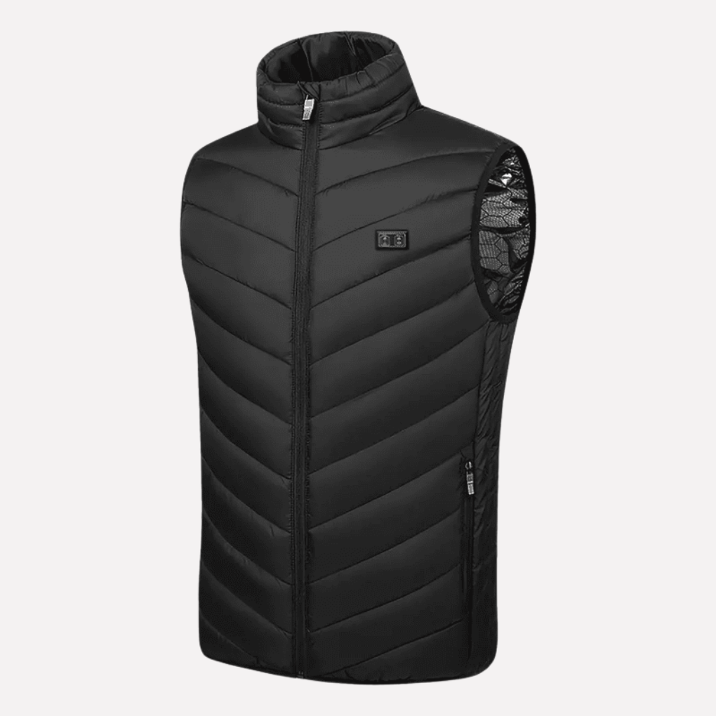 Zwarte heren verwarmde jas met USB verwarming, ideaal voor koud weer en buitenactiviteiten. Comfortabele winterjas.