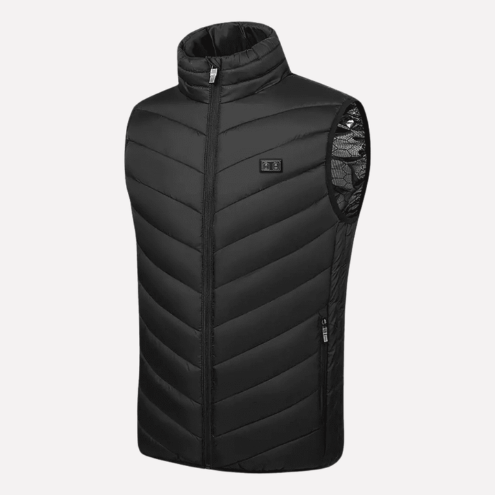 Zwarte heren verwarmde jas met USB verwarming, ideaal voor koud weer en buitenactiviteiten. Comfortabele winterjas.
