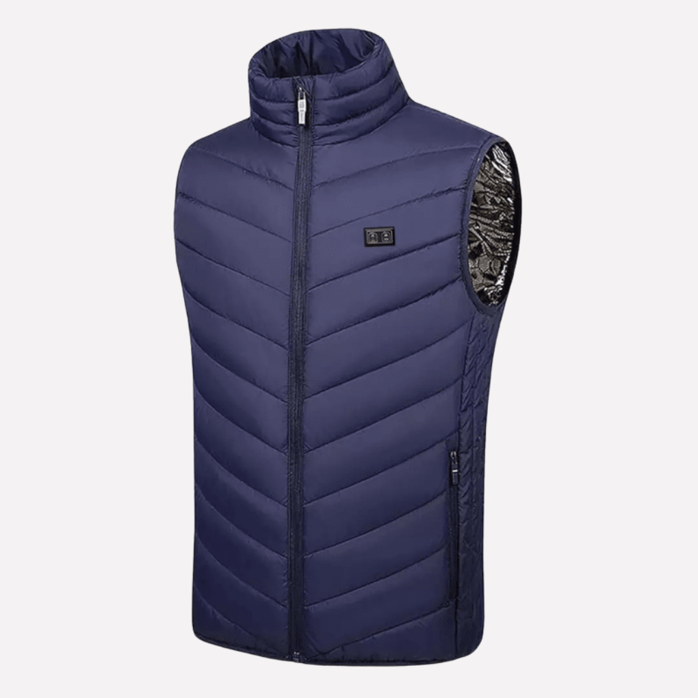Blauwe functionele herenjas met verwarming, perfect als herfst- of winterjas voor extra warmte tegen de kou.