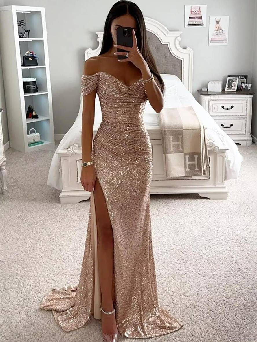 Sprankelende strapless galajurk met pailletten. Deze feestjurk voor vrouwen straalt pure glamour uit.