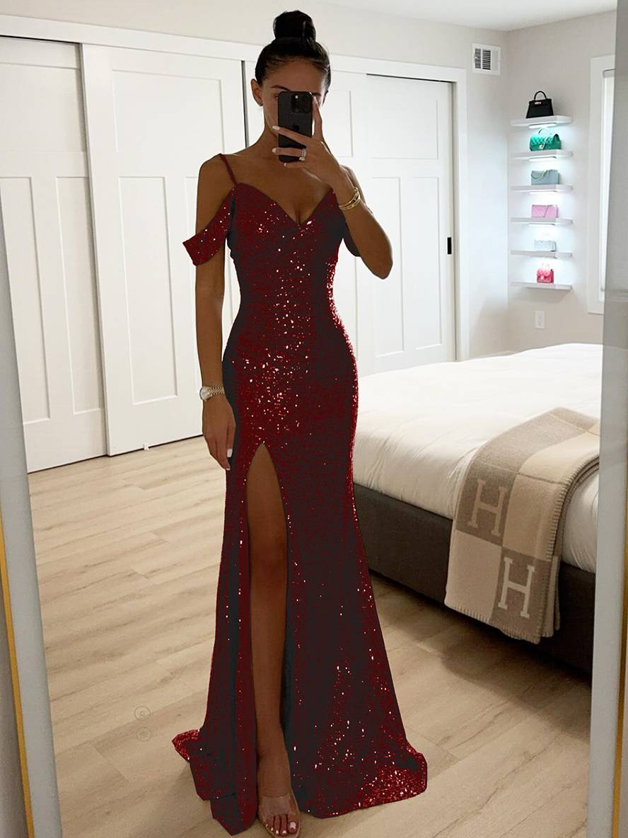 Pailletten avondjurk voor dames. Lange V-hals maxi jurk met glitter voor feestelijke gelegenheden.