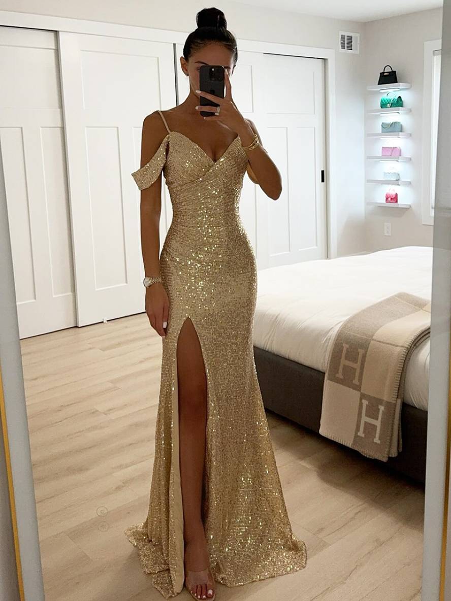 Elegante V-hals maxi jurk met schitterende pailletten. Perfecte dames avondjurk voor speciale gelegenheden.