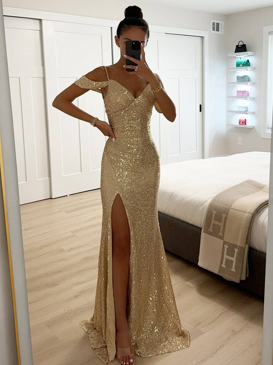 Glamoureuze dames feestjurk, lange V-hals jurk met sprankelende pailletten. Ideaal voor een gala.