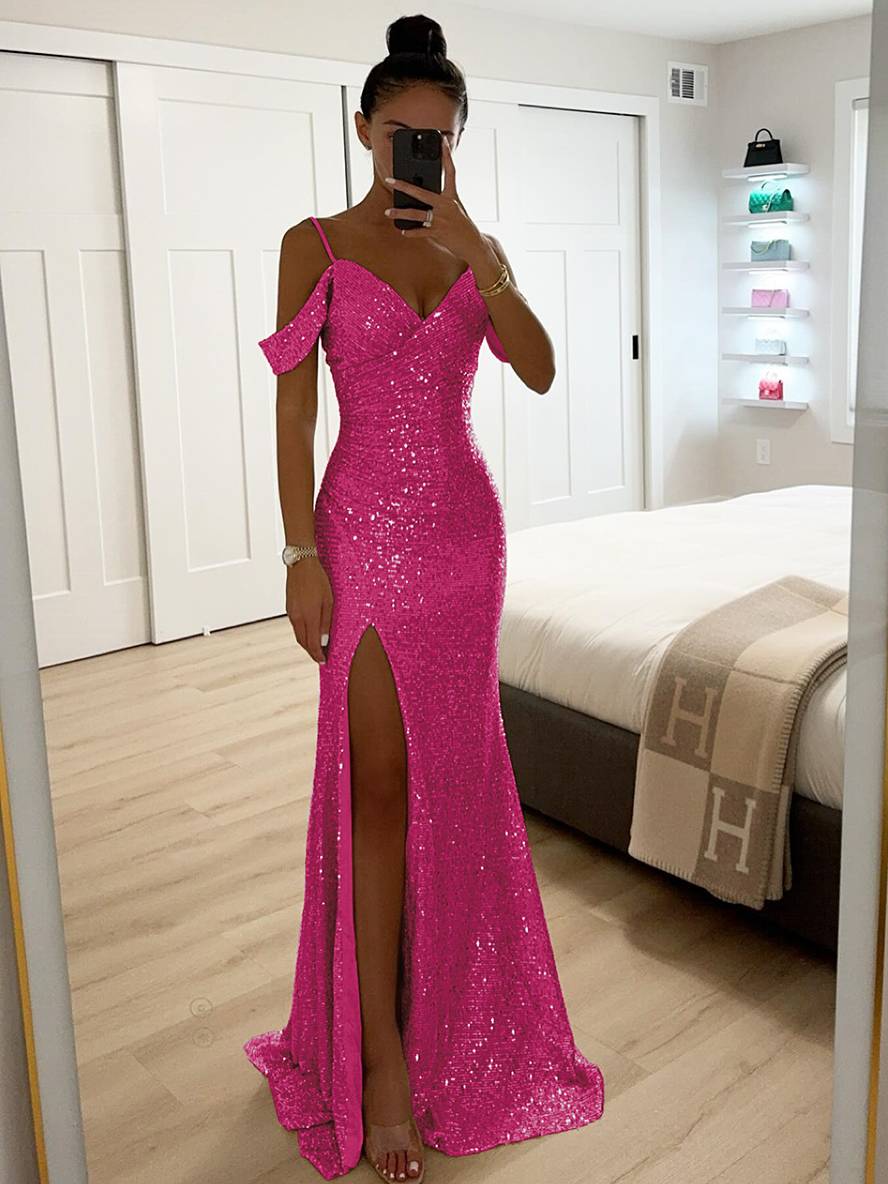 Glamoureuze V-hals paillettenjurk, lange mouwloze damesjurk perfect voor een elegante gala-avond.