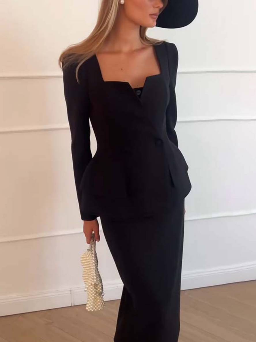 Dames elegante set: lange mouwen blazer en lange rok. Ideaal voor zakelijke bijeenkomsten & kantoor.