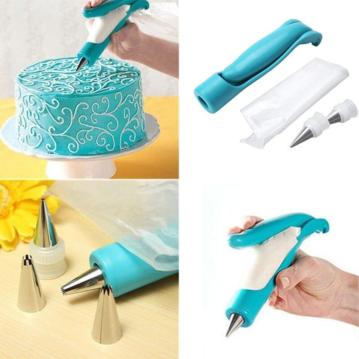 Creatieve bakker gebruikt de decoratie pen kit om een unieke taart te ontwerpen, keukenhulp voor details.
