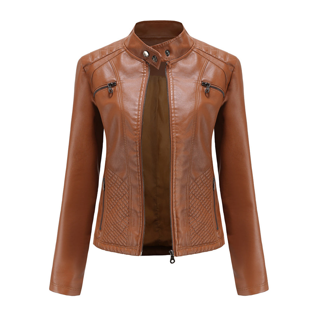 Bruin leren damesjack Nova: stoer vegan leer, tijdloos design voor elke stijl en gelegenheid.