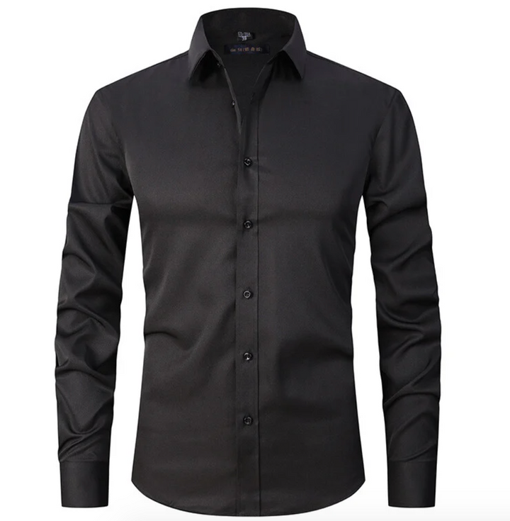 Detail van de kraag en knoopsluiting van een stijlvol heren stretch overhemd met lange mouw.