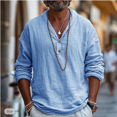 Blauw luchtig herenoverhemd met lange mouwen, perfect voor casual of formele zomerse gelegenheden.