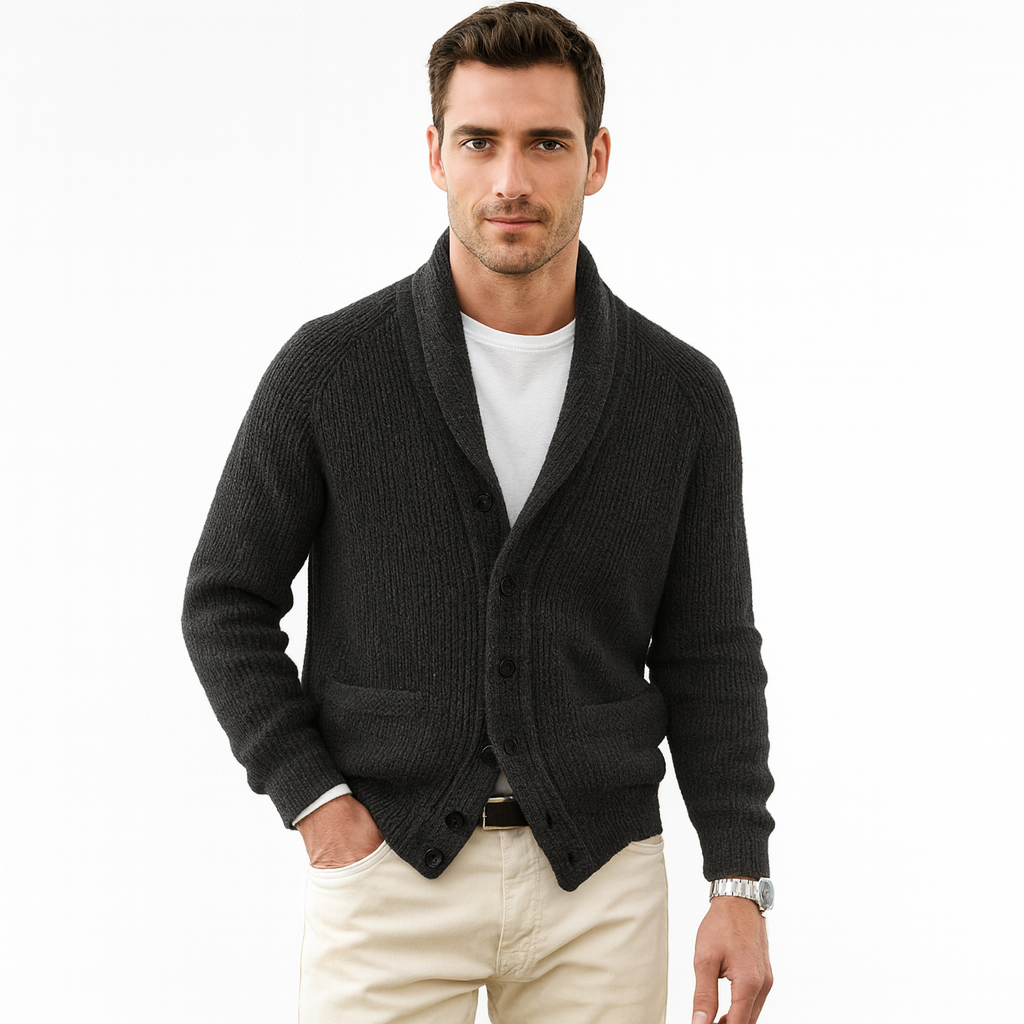 Mannen gebreid vest met V-hals en ribstructuur. Stijlvolle heren cardigan, ideaal voor herfst en winter.
