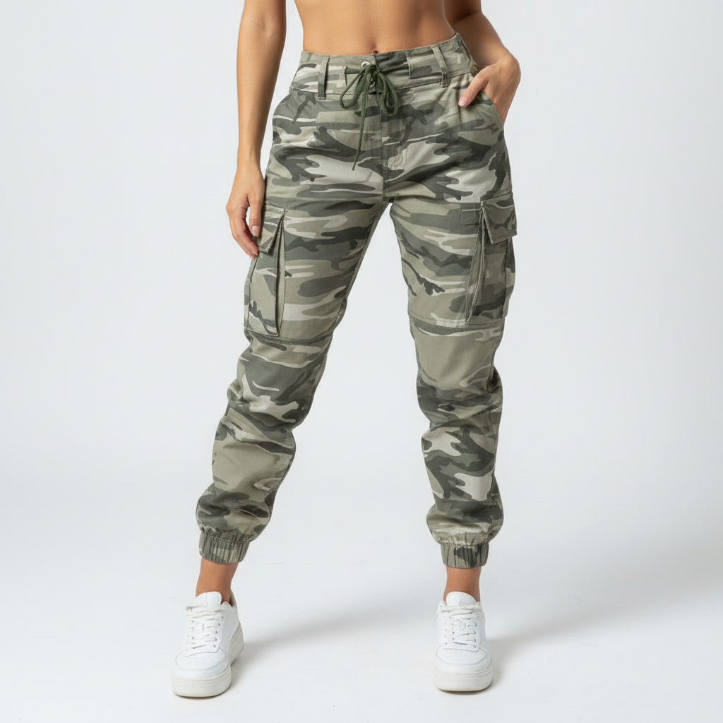 Robuuste dames cargobroek in camouflage-stijl met veel zakken, ideaal voor een avontuurlijke look.