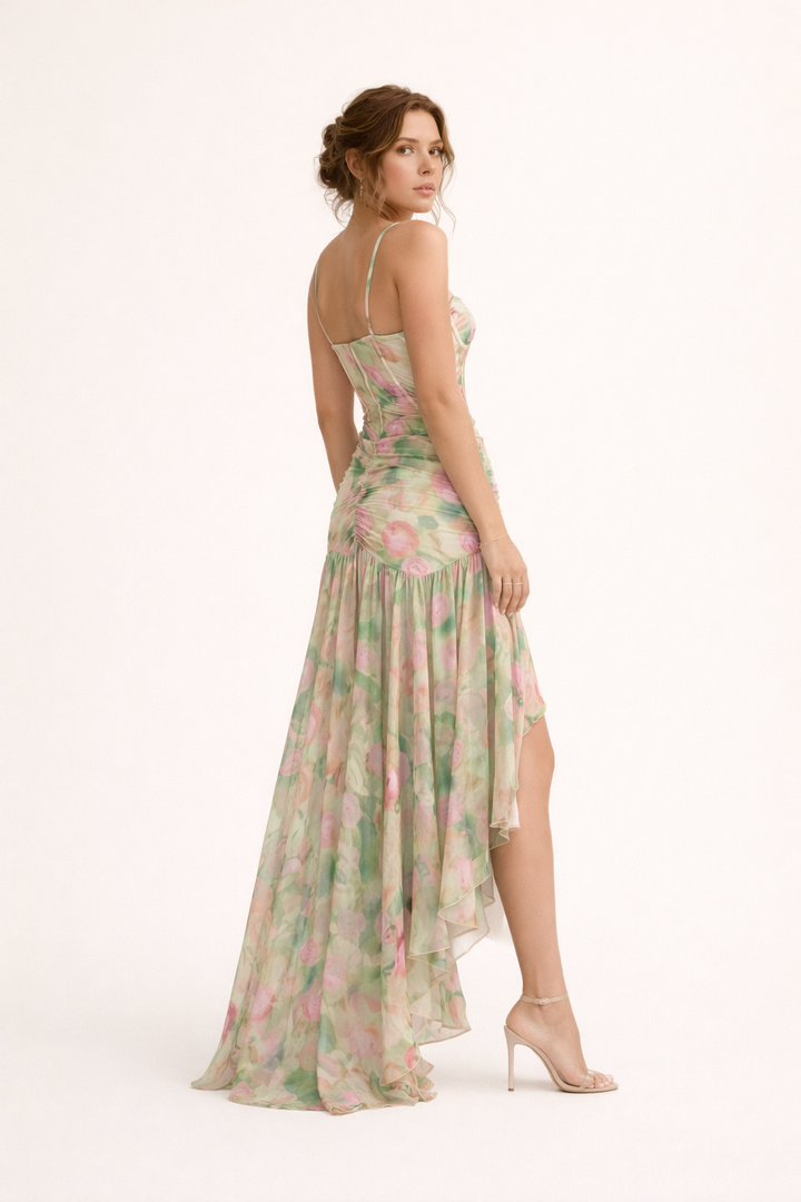 Vrouwenmode: elegante groene maxi jurk met gedetailleerde bloemenprint, ideaal voor zomer.