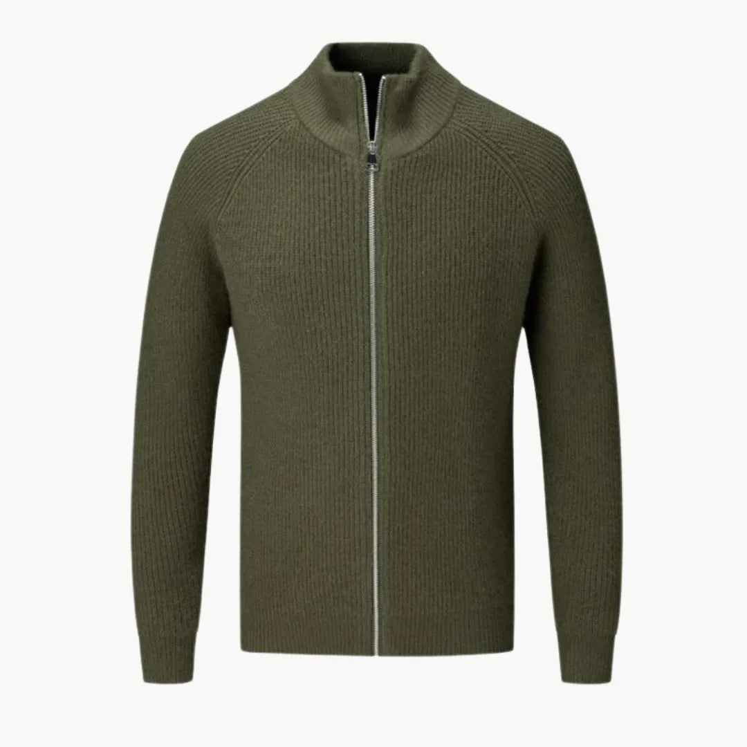 Casual heren cashmere vest met volledige rits, opstaande kraag, voor comfort en warmte.