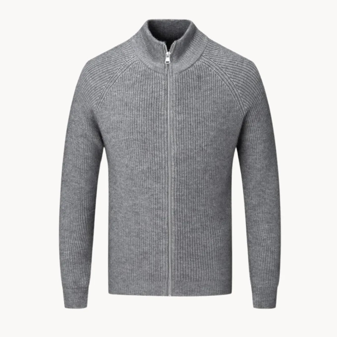 Hoogwaardig heren ritsvest van zachte cashmere, met opstaande kraag, ideaal voor sportief/casual.