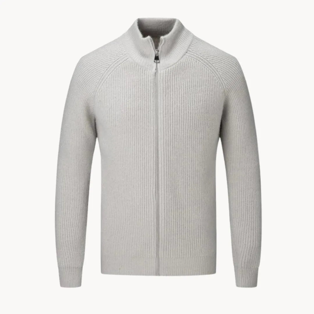 Heren cashmere ritsvest met opstaande kraag voor herfst/winter, comfortabel en stijlvol.