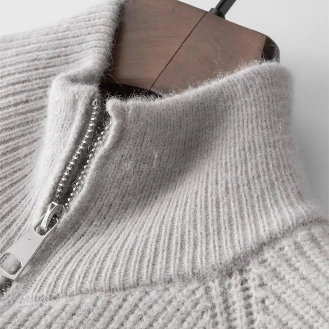 Warm cashmere herenvest met volledige rits en opstaande kraag, perfect voor koud weer.