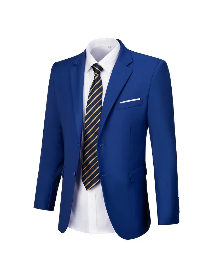 Donkerblauwe slimfit herenblazer, dubbelrij knopen, elegant en modieus voor smart-casual kleding.