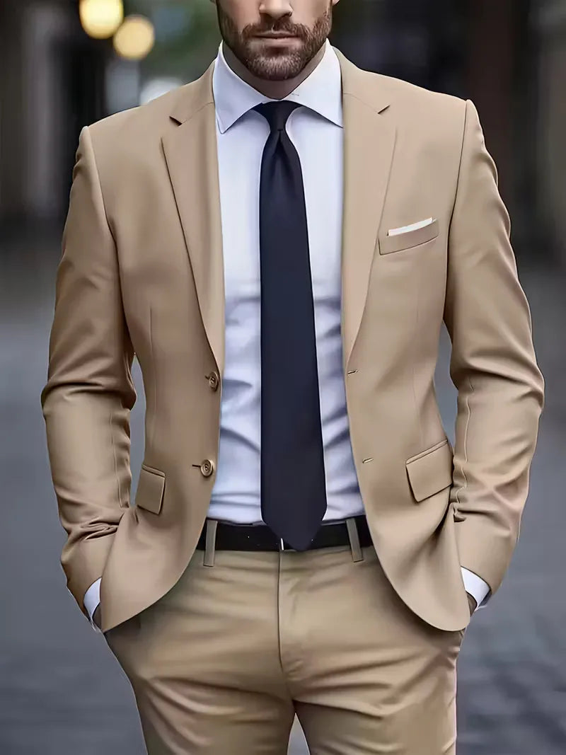 Elegante heren casual blazer met dubbelrij knopen, hangend, klaar om gedragen te worden.