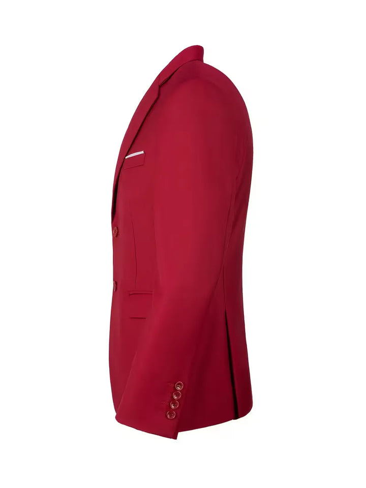 Gedetailleerde close-up van de moderne dubbele knoopsluiting op een casual herenblazer.