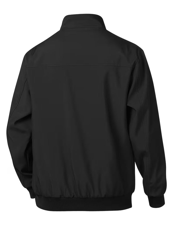 Grijs bomberjack met opstaande kraag, veelzijdige heren mode, praktisch ontwerp.