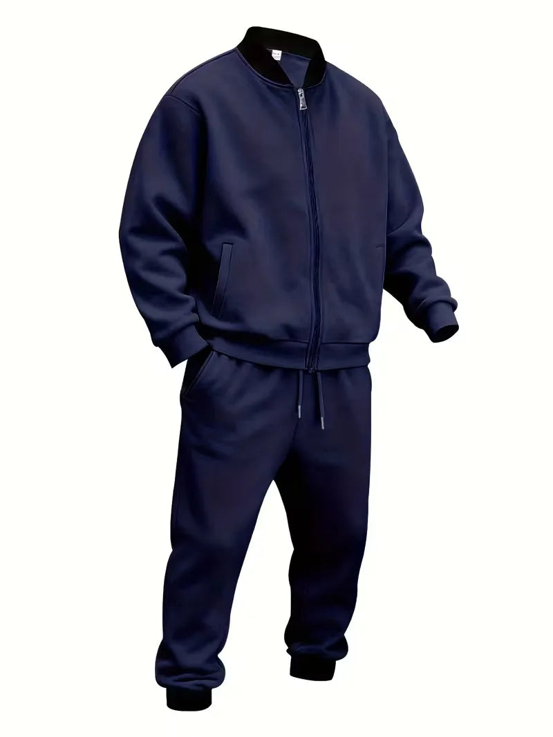 Ontspannen heren loungewear, stijlvolle jas met rits & bijpassende broek.