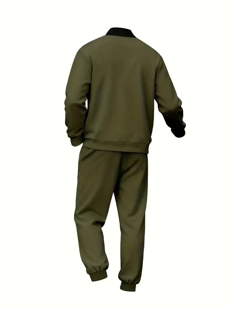 Sportieve polyester heren set, jas met rits en comfortabele joggerbroek.