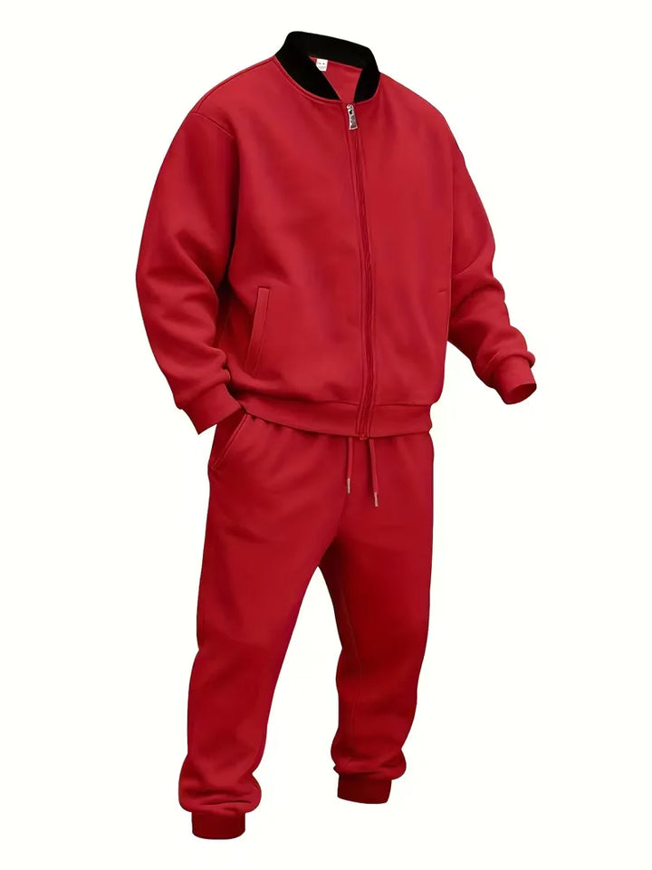 Heren polyester vrijetijdsset: jas met rits en comfortbroek voor najaar.