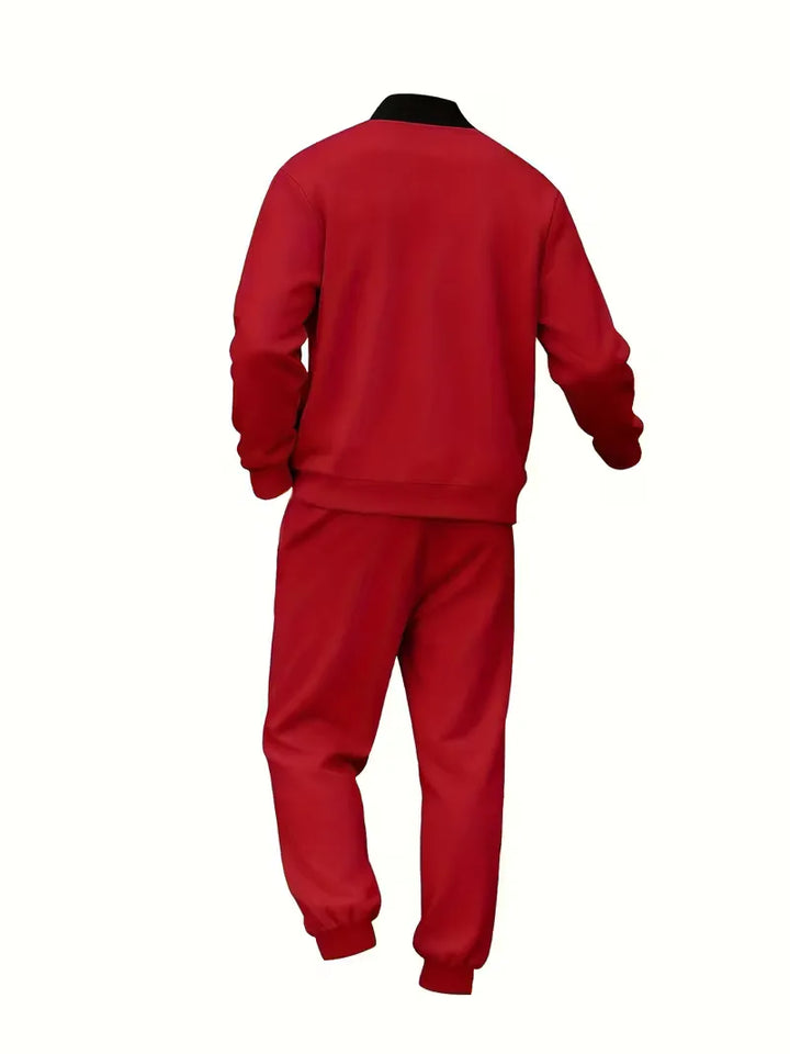 Sportieve heren casual outfit: ritsjas en comfortabele jogger.