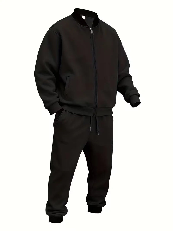 Stijlvolle heren vrijetijdsset, polyester jas met rits en sportieve jogger broek.