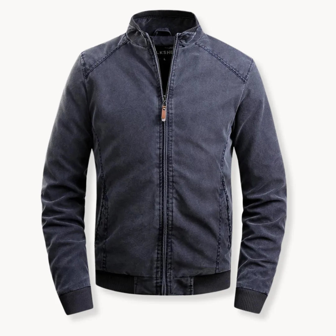 Donker casual heren bomberjack met opstaande kraag en ritssluiting. Stijlvolle buitenkleding.