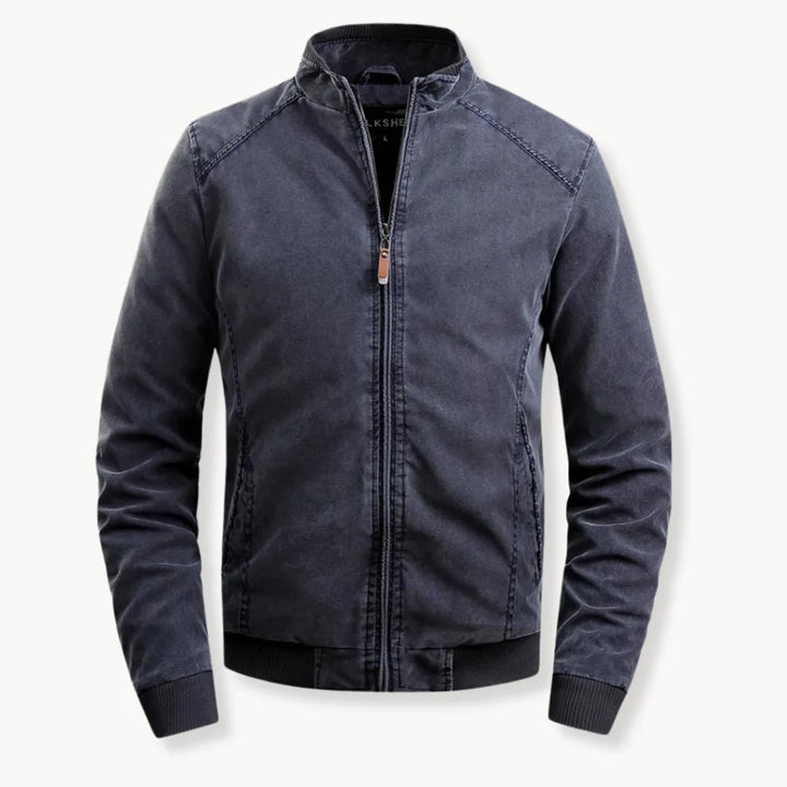 Donker casual heren bomberjack met opstaande kraag en ritssluiting. Stijlvolle buitenkleding.