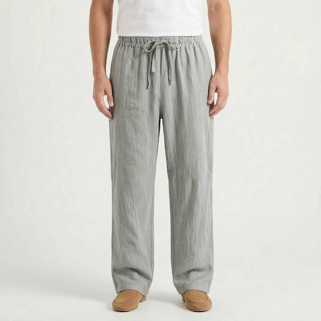 Ontspannen herenmode: langebroek met comfortabele pasvorm en trekkoord, perfect als zomerbroek.