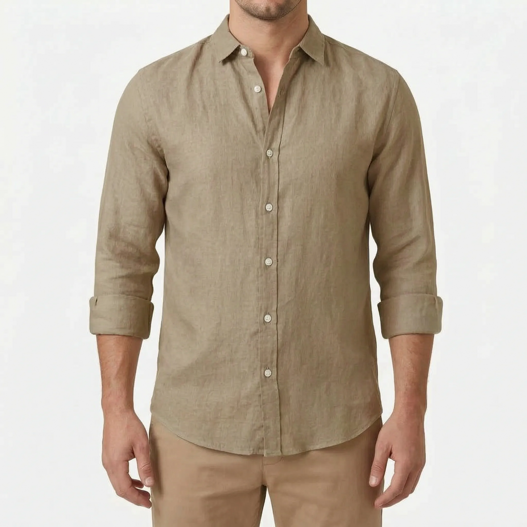 Detail van heren casual overhemd met knopen. Comfortabel, losvallend en veelzijdig voor mannen.