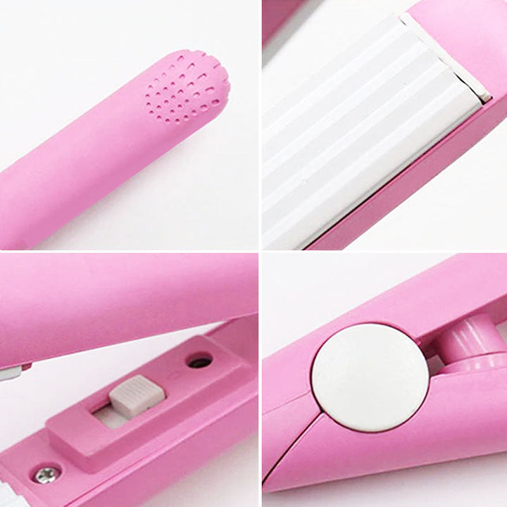 Dames houdt compacte mini haarstyler vast, ideaal voor snel en veilig stylen thuis of op reis.