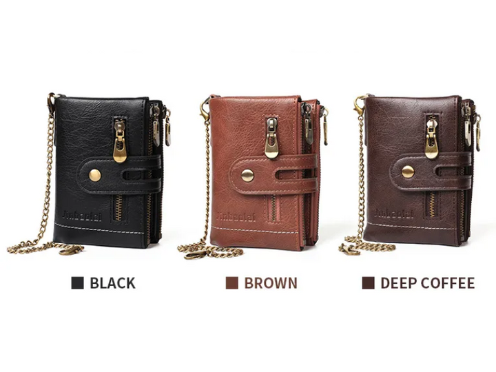 Compacte leren wallet met retro design en stoere ketting, handig voor pasjes en contant geld.