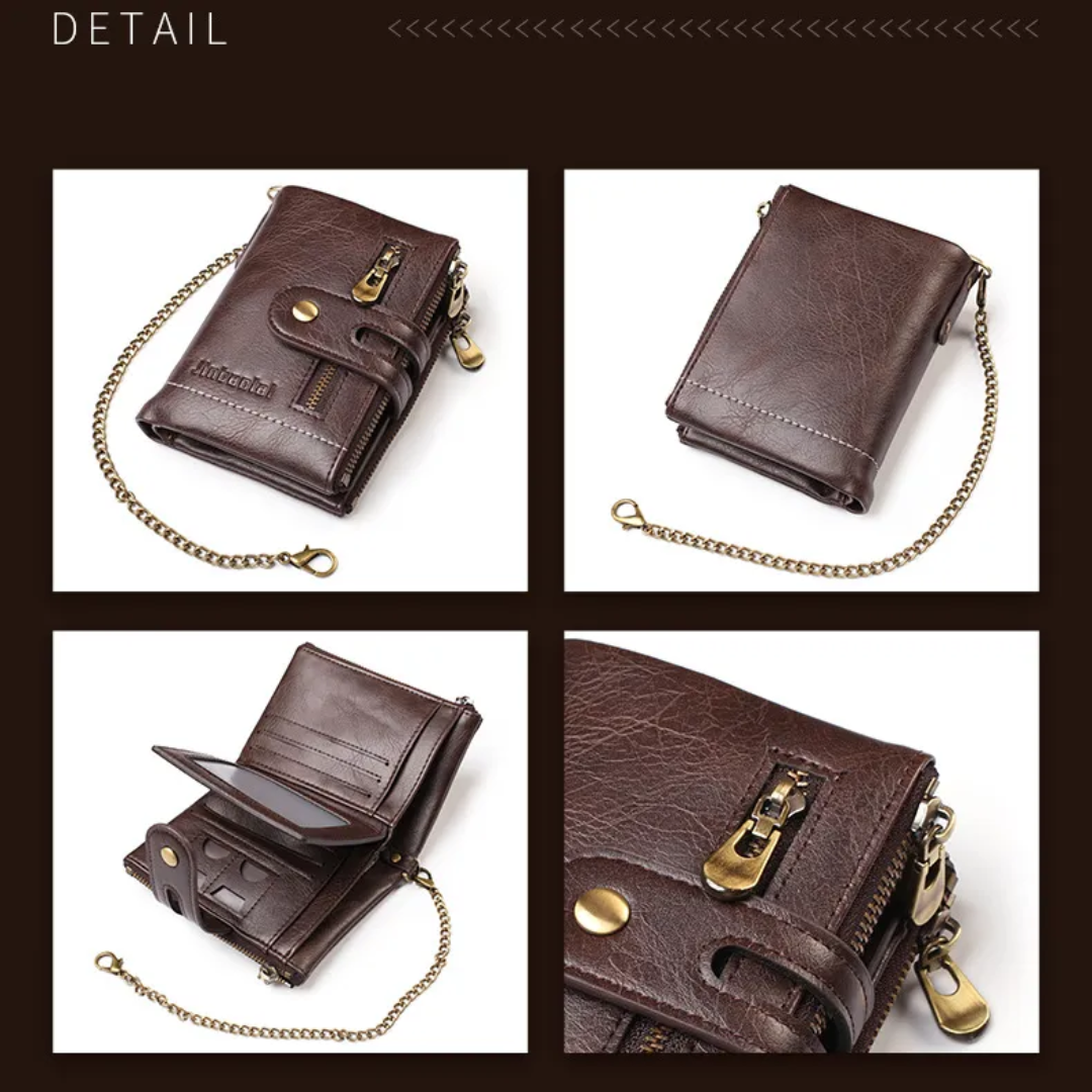 Open unisex wallet toont ruime vakken voor pasjes en biljetten, retro leren design.