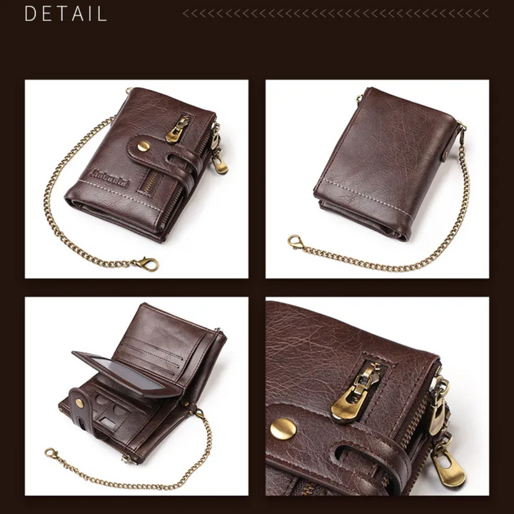 Open unisex wallet toont ruime vakken voor pasjes en biljetten, retro leren design.