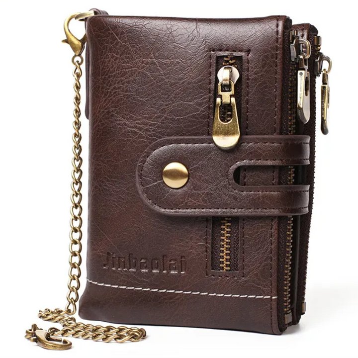 Dames leren retro wallet in zwart, compleet met veilige ketting en ruimte voor al je pasjes.