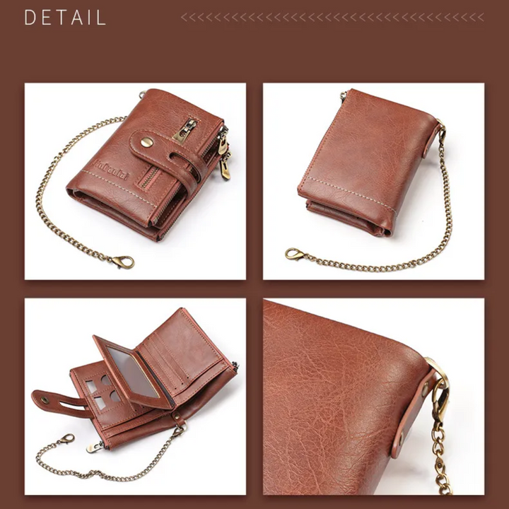 Koffiekleurige leren portemonnee met vintage afwerking en stoere zilveren ketting, unisex model.