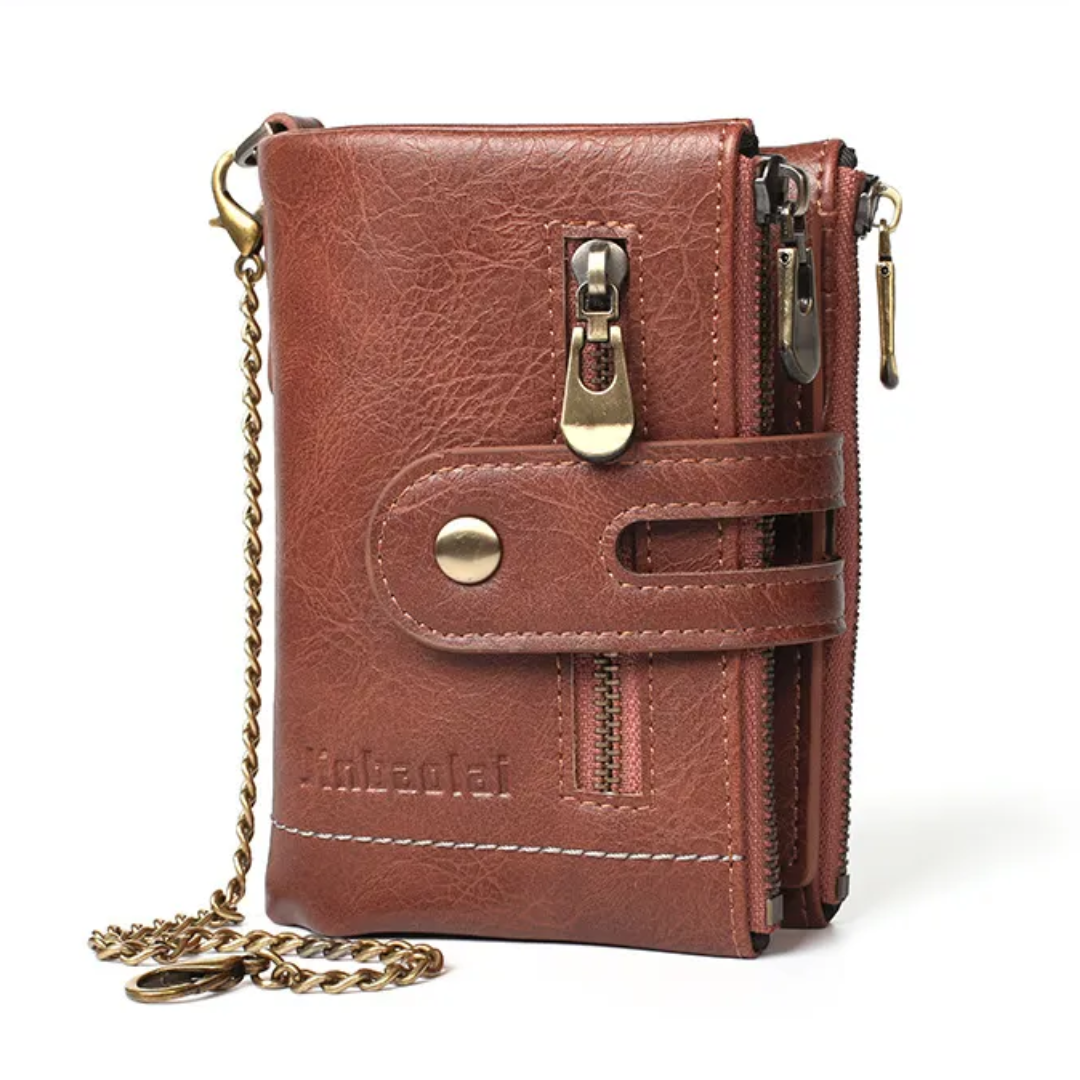 Stoere vintage leren portemonnee met metalen ketting, perfect voor een robuuste unisex stijl.