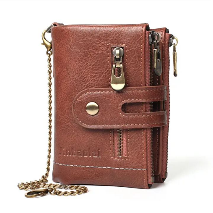 Stoere vintage leren portemonnee met metalen ketting, perfect voor een robuuste unisex stijl.