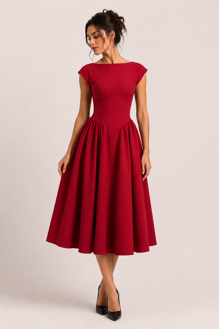 Dames elegante midi cocktailjurk met wijde rok, ideaal voor feestjes, bruiloften en speciale gelegenheden.