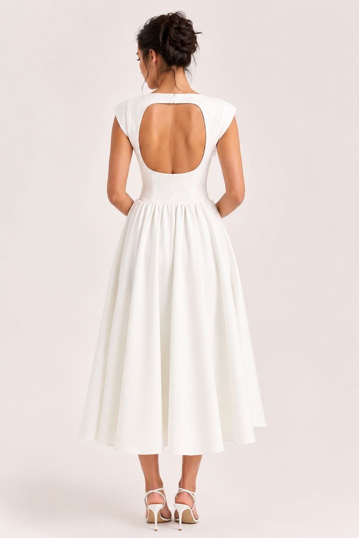 Sierlijke dames midijurk met elegant vallende wijde rok, perfect als cocktail- of bruiloftsgastenjurk.