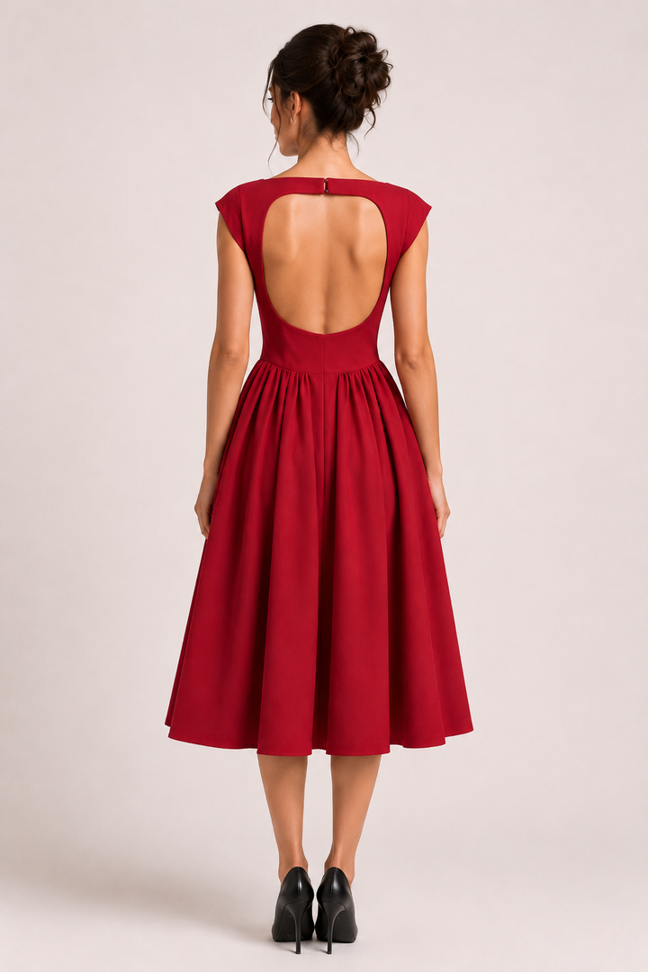 Stijlvolle midi avondjurk voor dames, met elegante wijde rok en een tijdloze klassieke uitstraling.