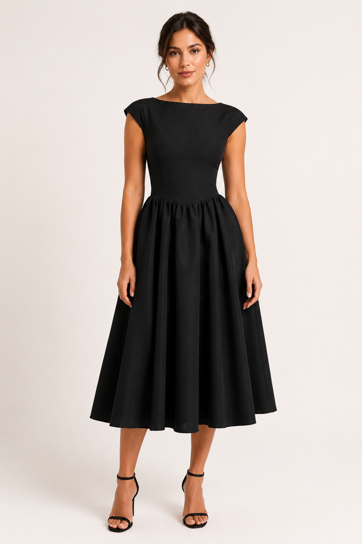 Luchtige zomerse midijurk met elegante wijde rok, ideale dames cocktailjurk voor warme avonden.