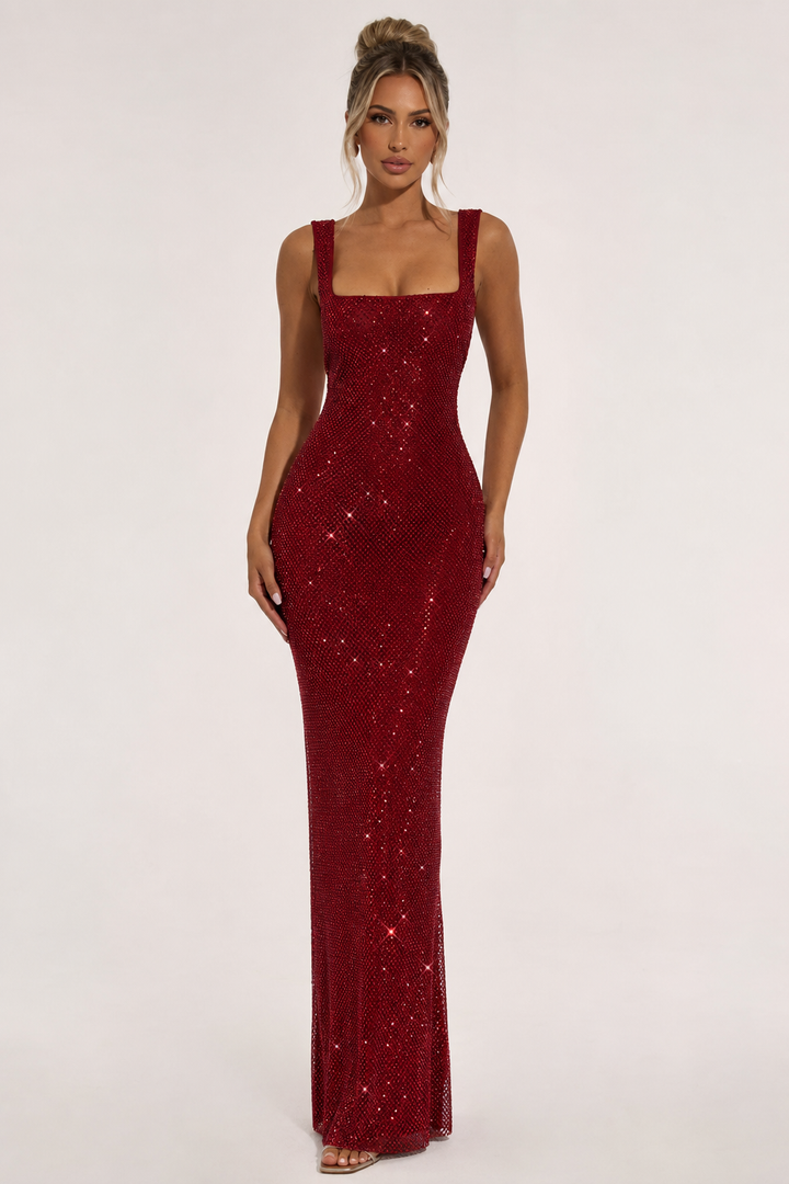 Rode maxi feestjurk voor dames, lange elegante avondkleding met stijlvolle snit.