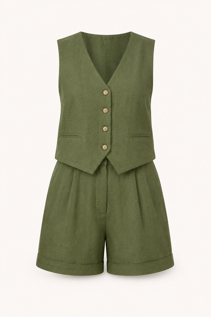 Dames zomer set: groen linnen katoenen vest en bijpassende short, ideaal voor een relaxte look.