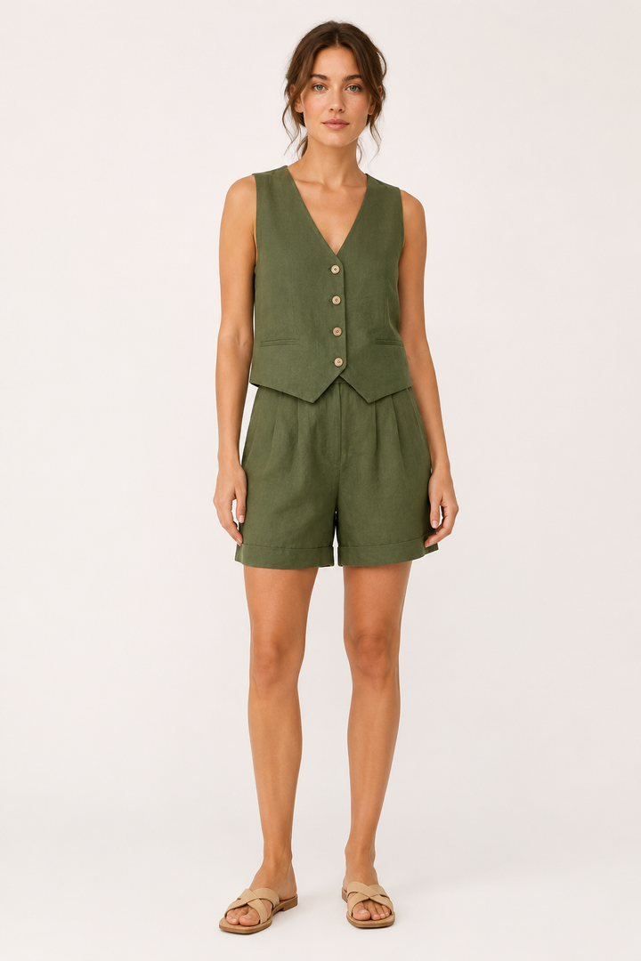 Casual groene linnen katoenen dames zomer set, perfect voor ontspannen dagen thuis of op vakantie.